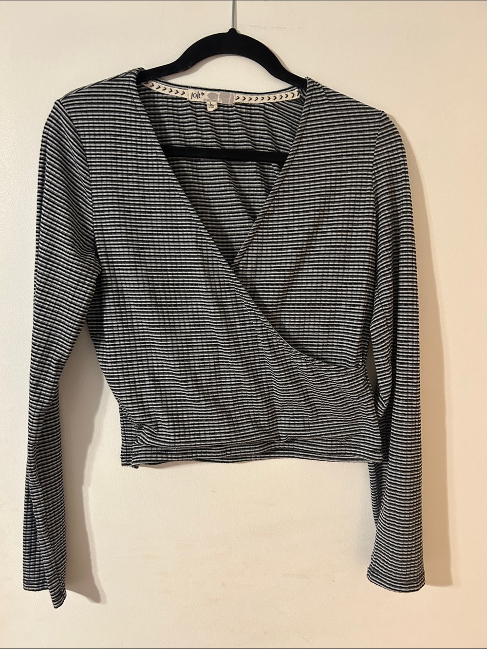 Jolt Black & White Striped Wrap-Front Long Sleeve Top